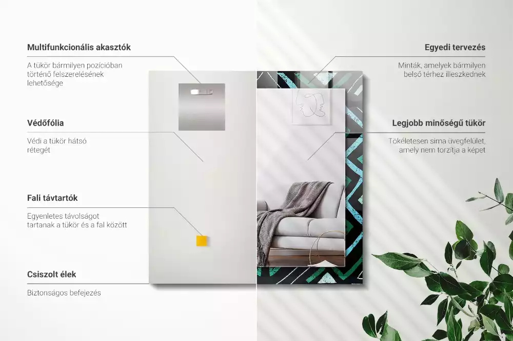 Oglindă dreptunghiulară cu decor geometric turcoaz