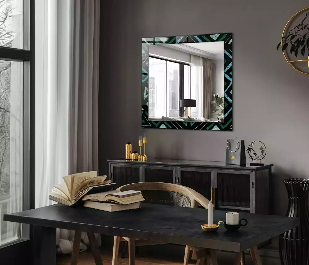 Oglindă dreptunghiulară cu decor geometric turcoaz