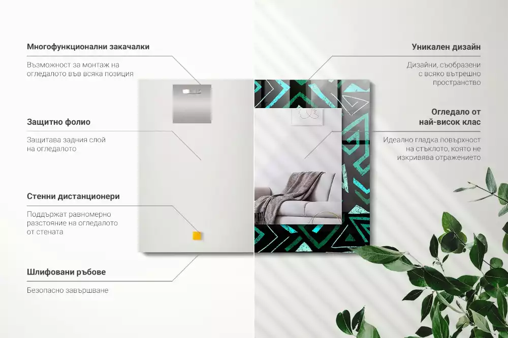 Oglindă dreptunghiulară cu decor geometric turcoaz