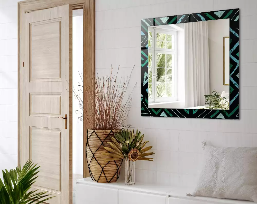 Oglindă dreptunghiulară cu decor geometric turcoaz