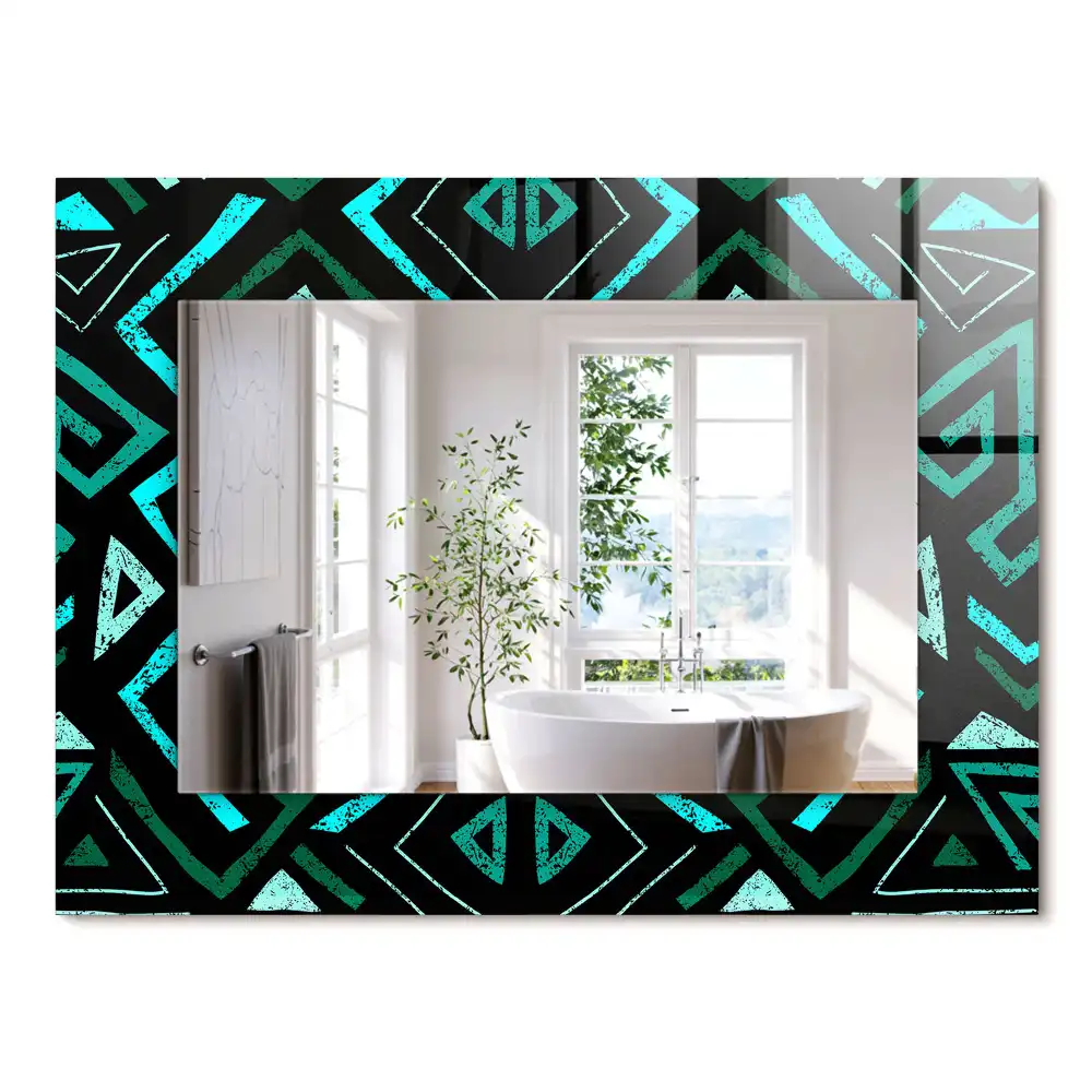 Oglindă dreptunghiulară cu decor geometric turcoaz