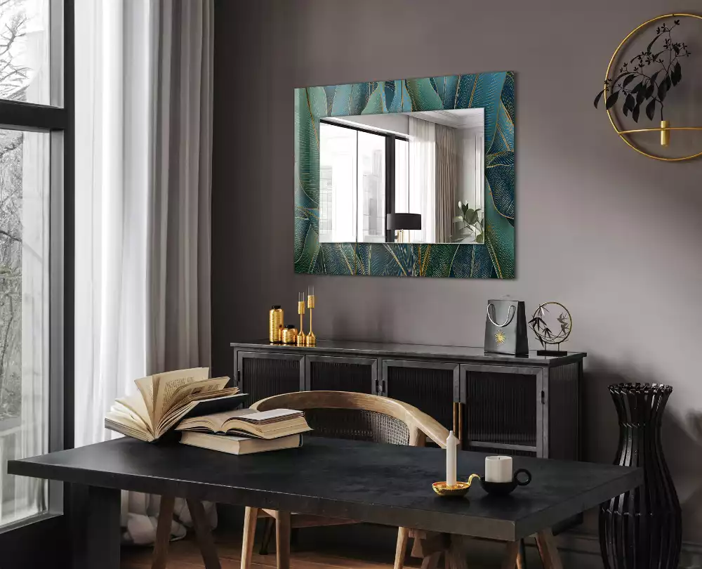 Oglindă decorativă de perete dreptunghiulară cu model cu frunze