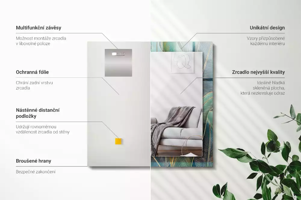 Oglindă decorativă de perete dreptunghiulară cu model cu frunze