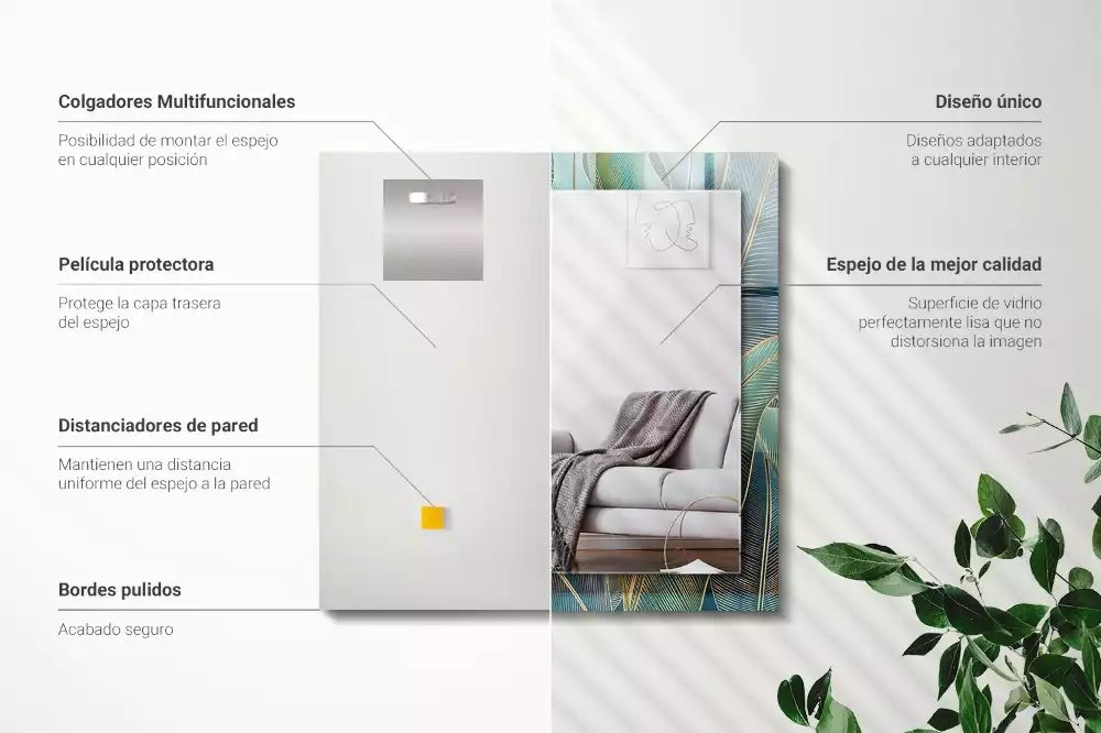 Oglindă decorativă de perete dreptunghiulară cu model cu frunze