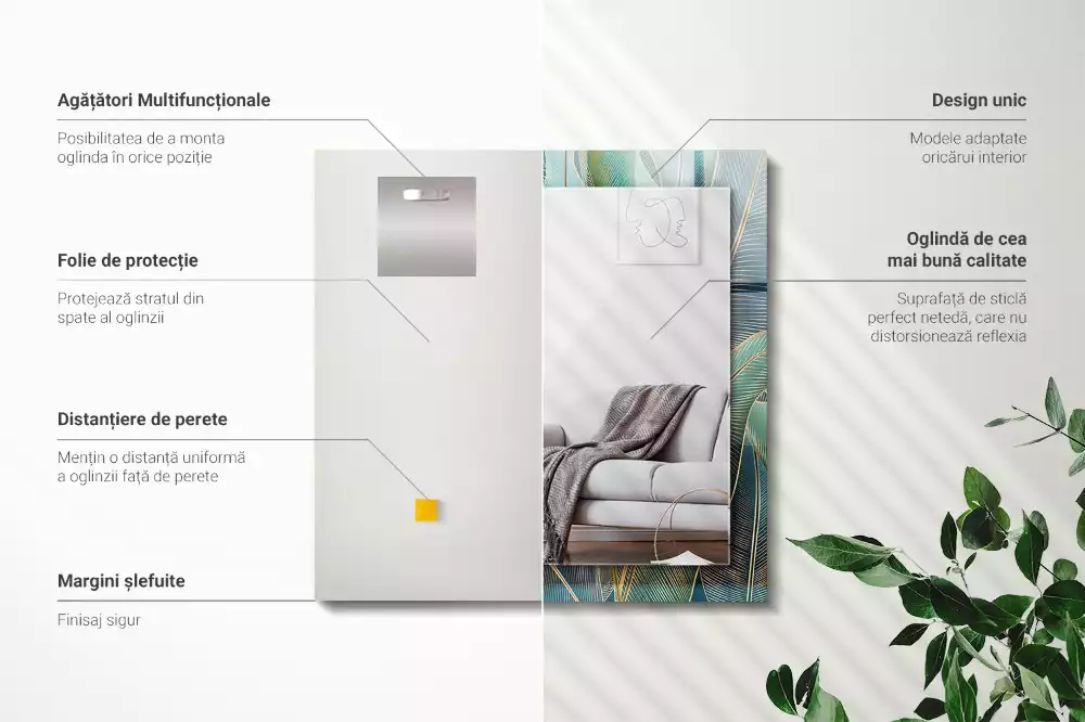 Oglindă decorativă de perete dreptunghiulară cu model cu frunze