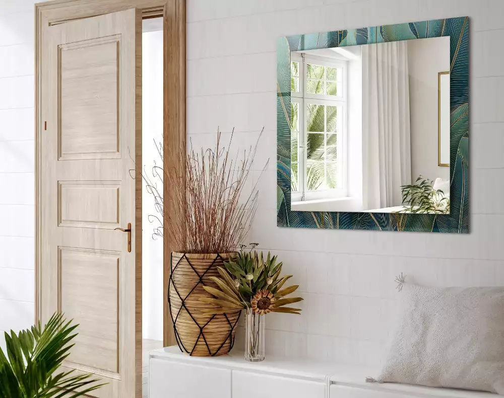 Oglindă decorativă de perete dreptunghiulară cu model cu frunze