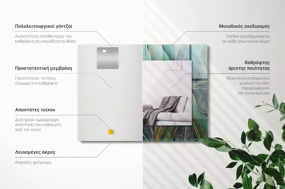 Oglindă decorativă de perete dreptunghiulară cu model cu frunze