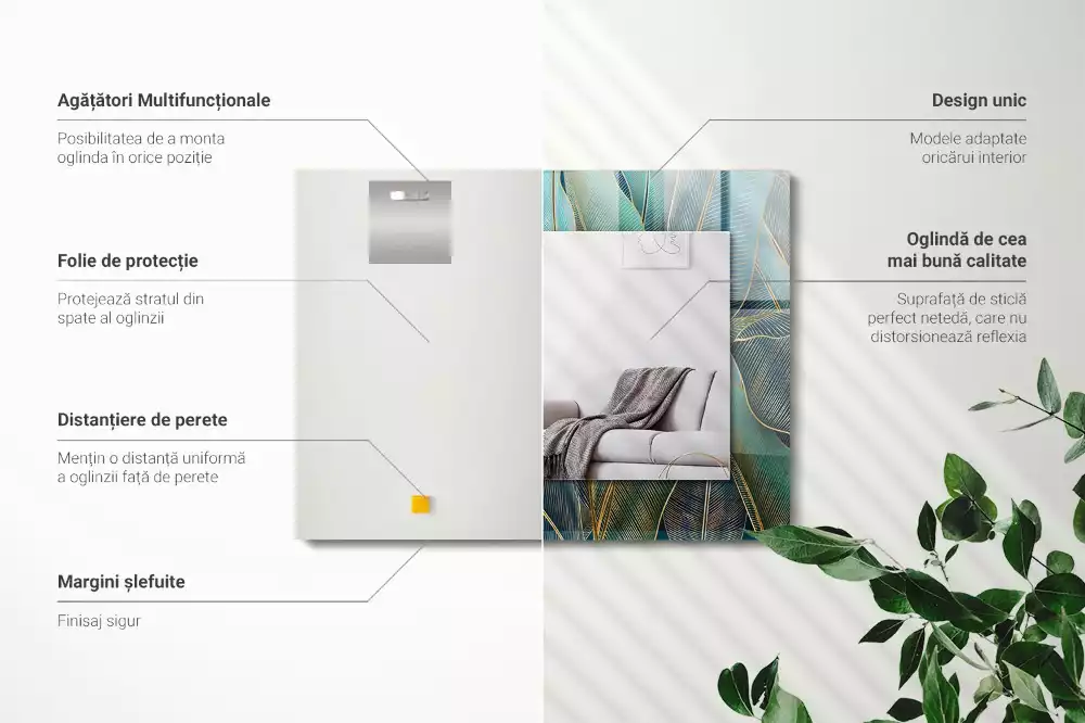 Oglindă decorativă de perete dreptunghiulară cu model cu frunze