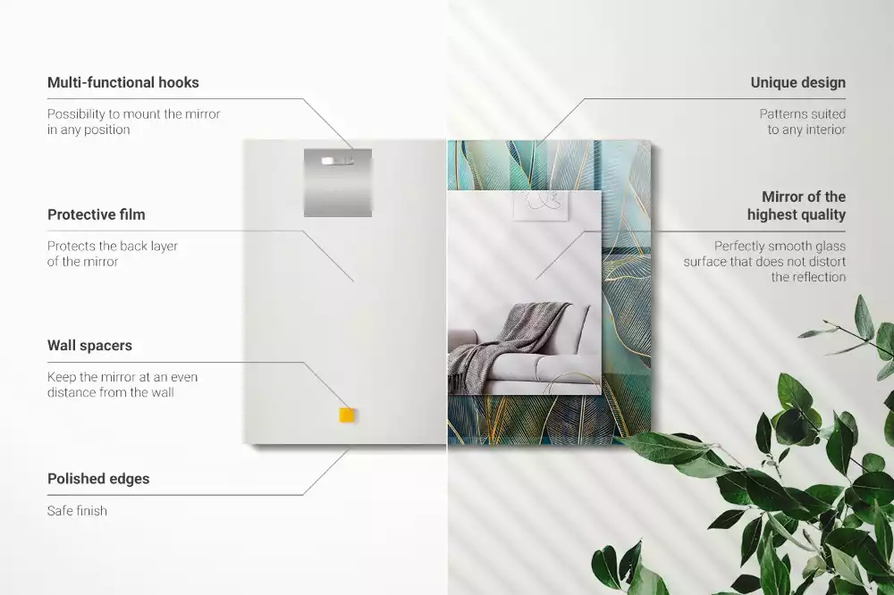 Oglindă decorativă de perete dreptunghiulară cu model cu frunze