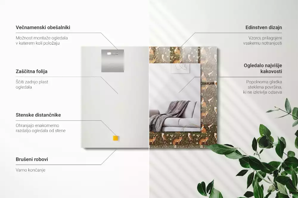Oglindă dreptunghiulară cu ramă imprimată cu vulpe și bufniță
