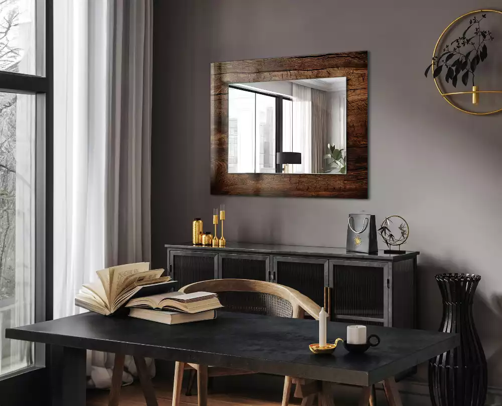 Oglindă dreptunghiulară cu ramă decorativă cu textură de lemn