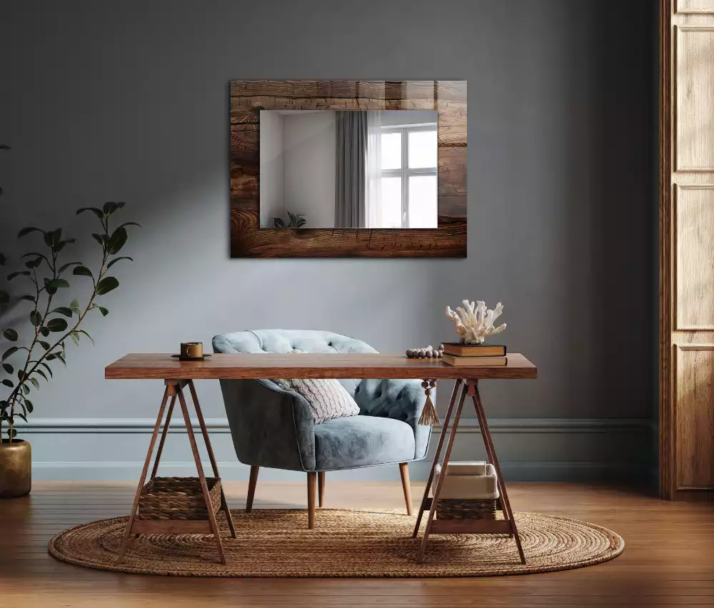 Oglindă dreptunghiulară cu ramă decorativă cu textură de lemn