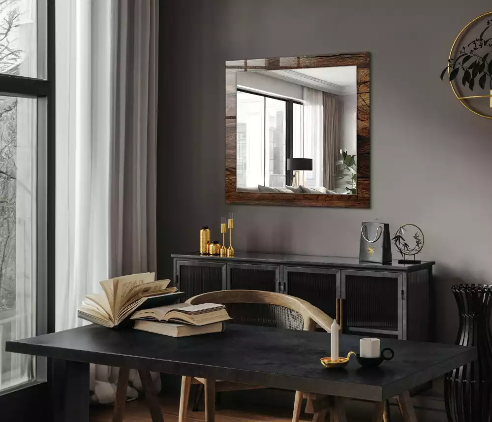 Oglindă dreptunghiulară cu ramă decorativă cu textură de lemn