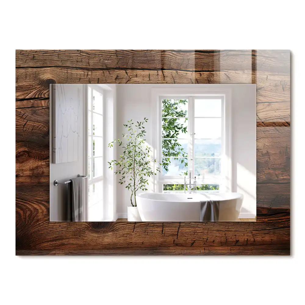 Oglindă dreptunghiulară cu ramă decorativă cu textură de lemn