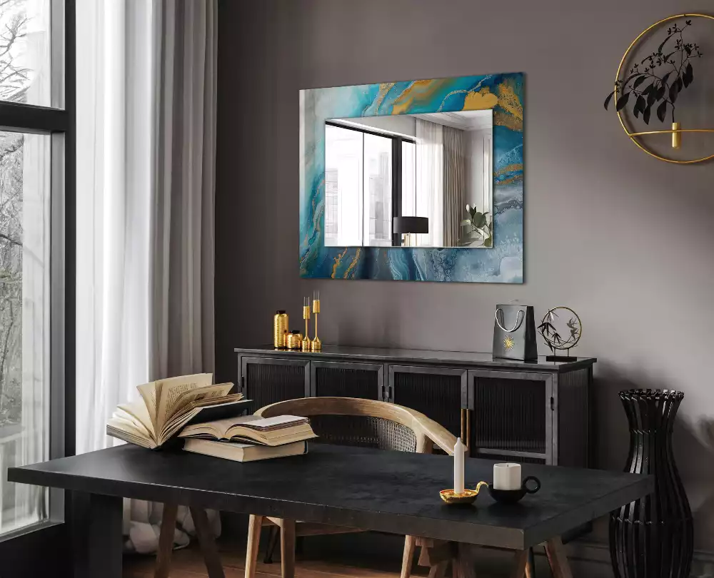 Oglindă dreptunghiulară decorativă de perete cu ramă din rășină cu aspect de marmură abstractă