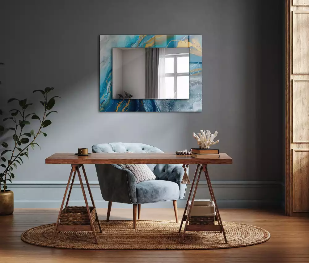Oglindă dreptunghiulară decorativă de perete cu ramă din rășină cu aspect de marmură abstractă