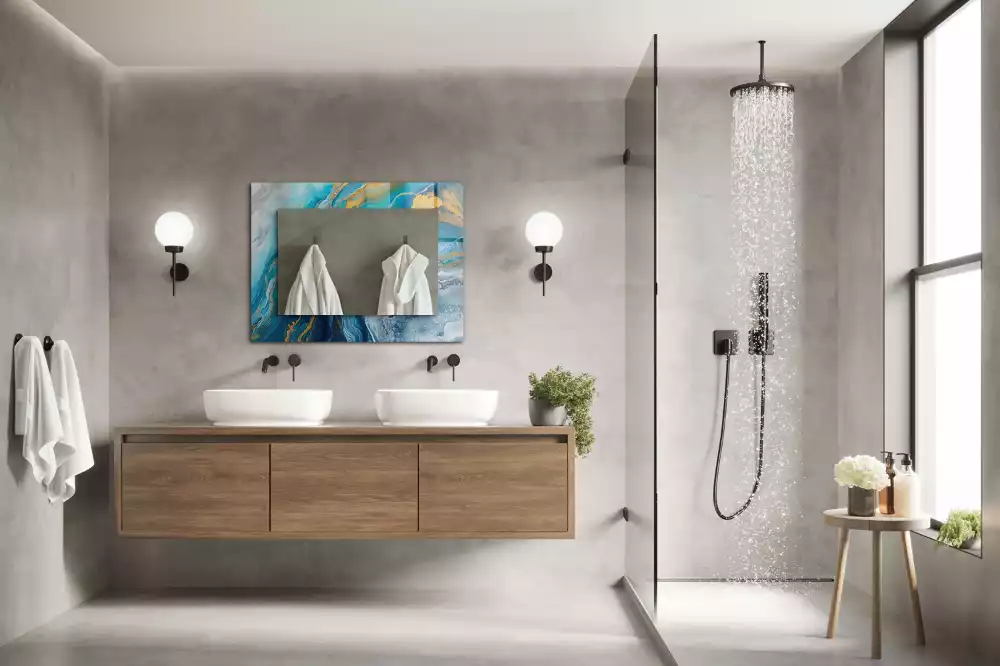 Oglindă dreptunghiulară decorativă de perete cu ramă din rășină cu aspect de marmură abstractă