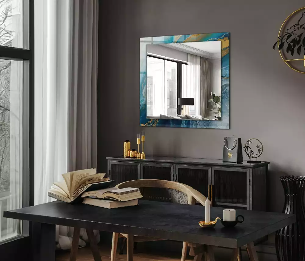 Oglindă dreptunghiulară decorativă de perete cu ramă din rășină cu aspect de marmură abstractă