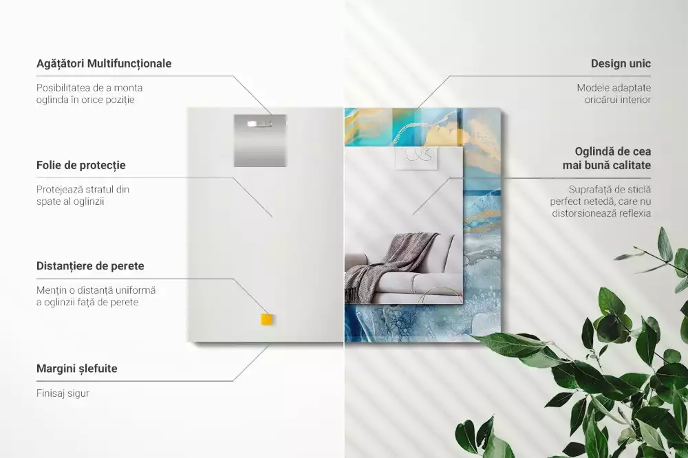 Oglindă dreptunghiulară decorativă de perete cu ramă din rășină cu aspect de marmură abstractă