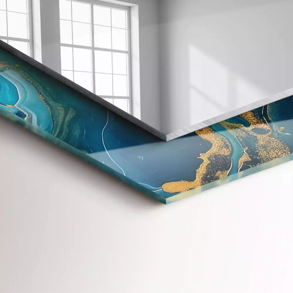 Oglindă dreptunghiulară decorativă de perete cu ramă din rășină cu aspect de marmură abstractă