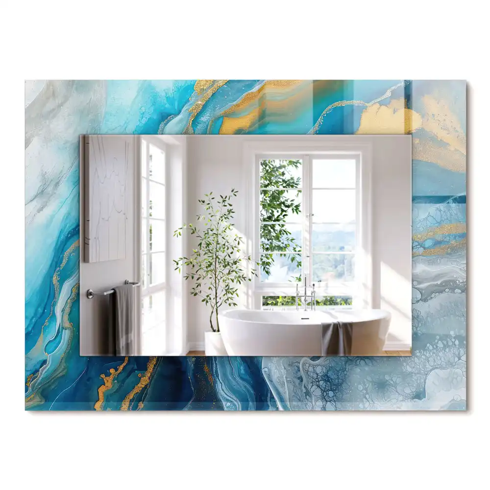 Oglindă dreptunghiulară decorativă de perete cu ramă din rășină cu aspect de marmură abstractă