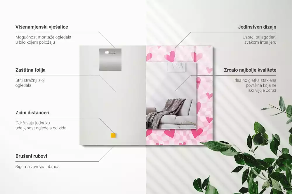 Oglindă dreptunghiulară cu imprimeu de inimioare roz
