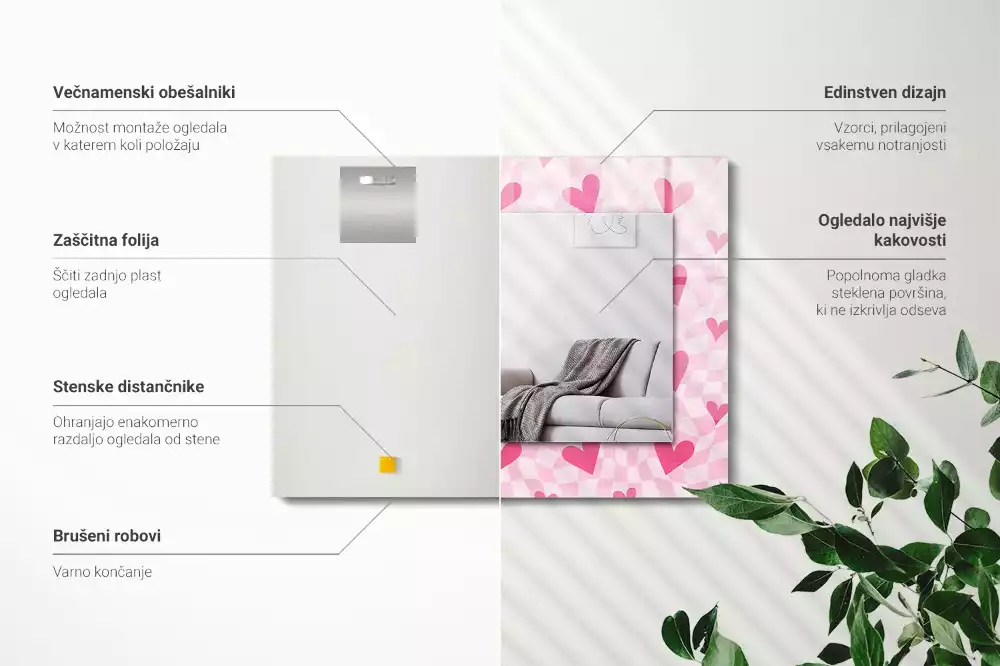 Oglindă dreptunghiulară cu imprimeu de inimioare roz