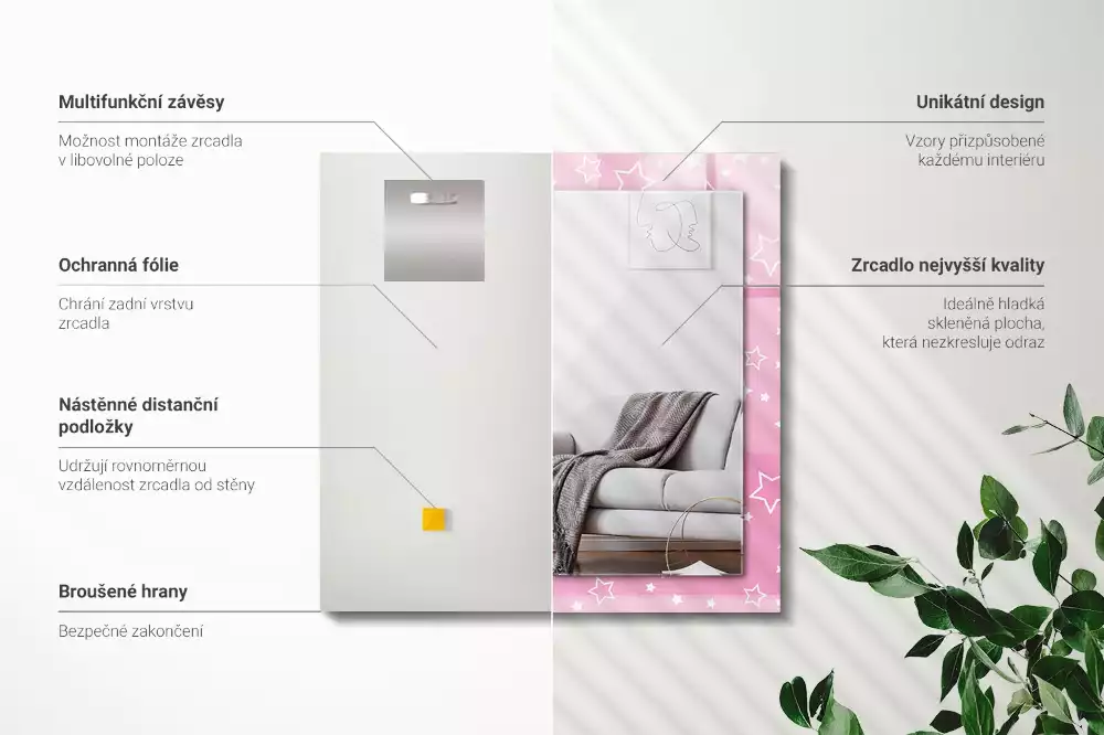 Oglindă dreptunghiulară cu ramă imprimată cu stele roz