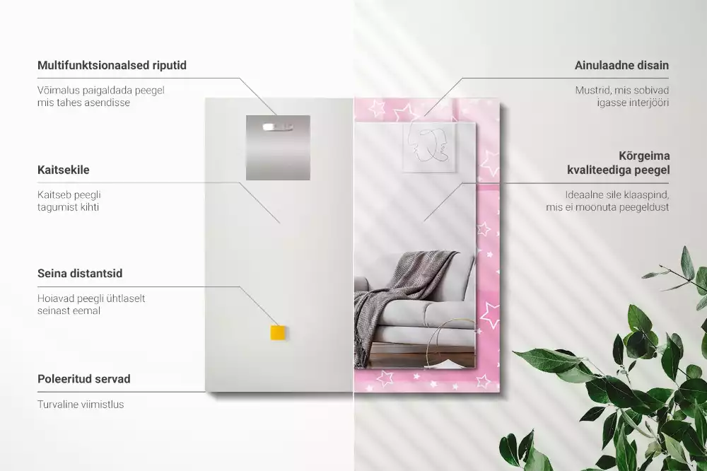 Oglindă dreptunghiulară cu ramă imprimată cu stele roz