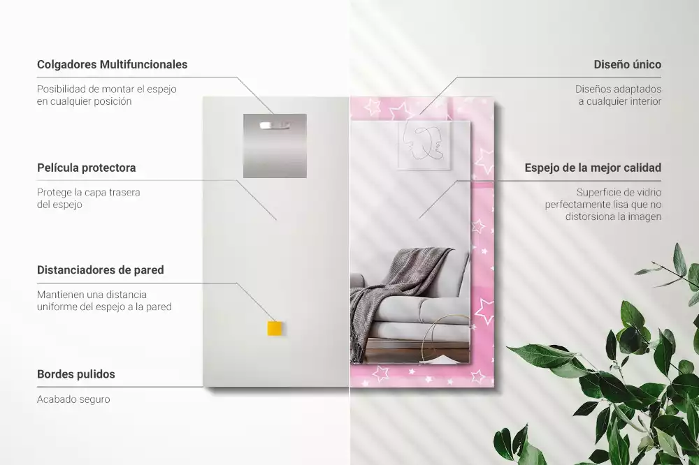 Oglindă dreptunghiulară cu ramă imprimată cu stele roz
