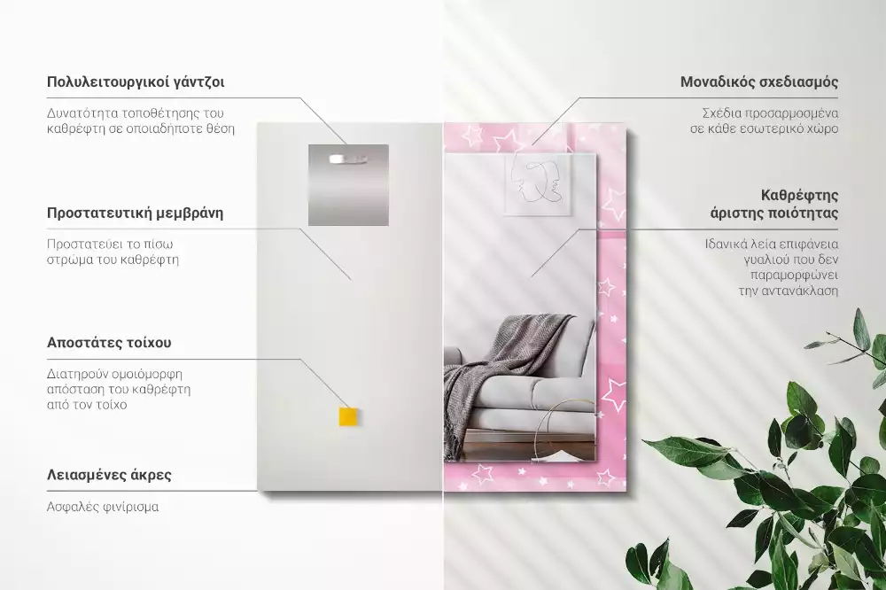 Oglindă dreptunghiulară cu ramă imprimată cu stele roz