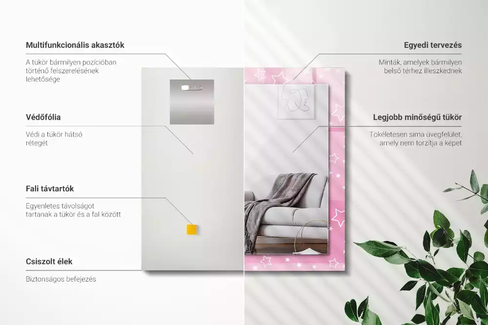 Oglindă dreptunghiulară cu ramă imprimată cu stele roz