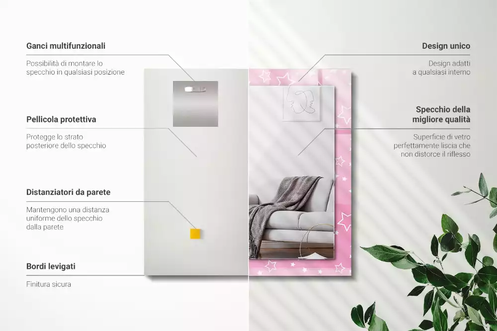 Oglindă dreptunghiulară cu ramă imprimată cu stele roz