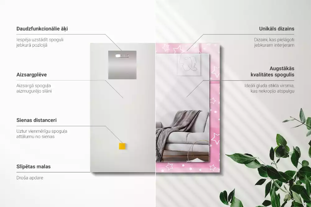 Oglindă dreptunghiulară cu ramă imprimată cu stele roz