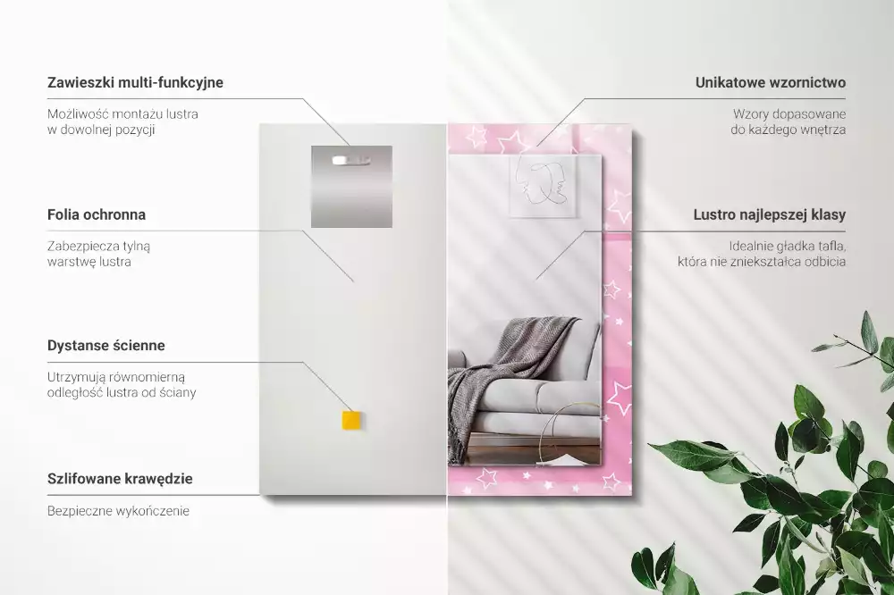 Oglindă dreptunghiulară cu ramă imprimată cu stele roz