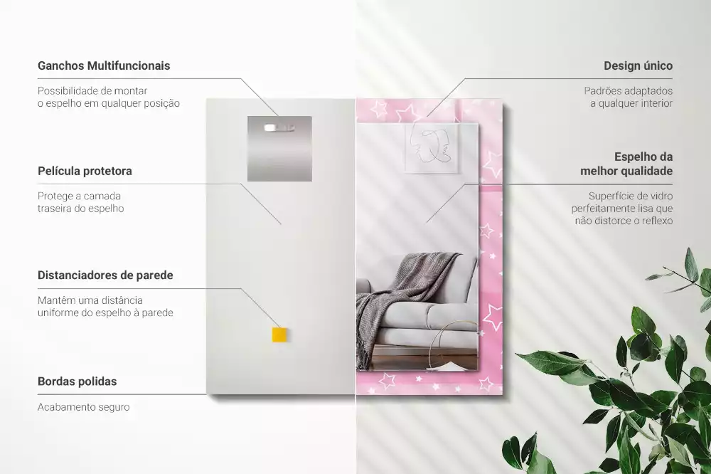 Oglindă dreptunghiulară cu ramă imprimată cu stele roz