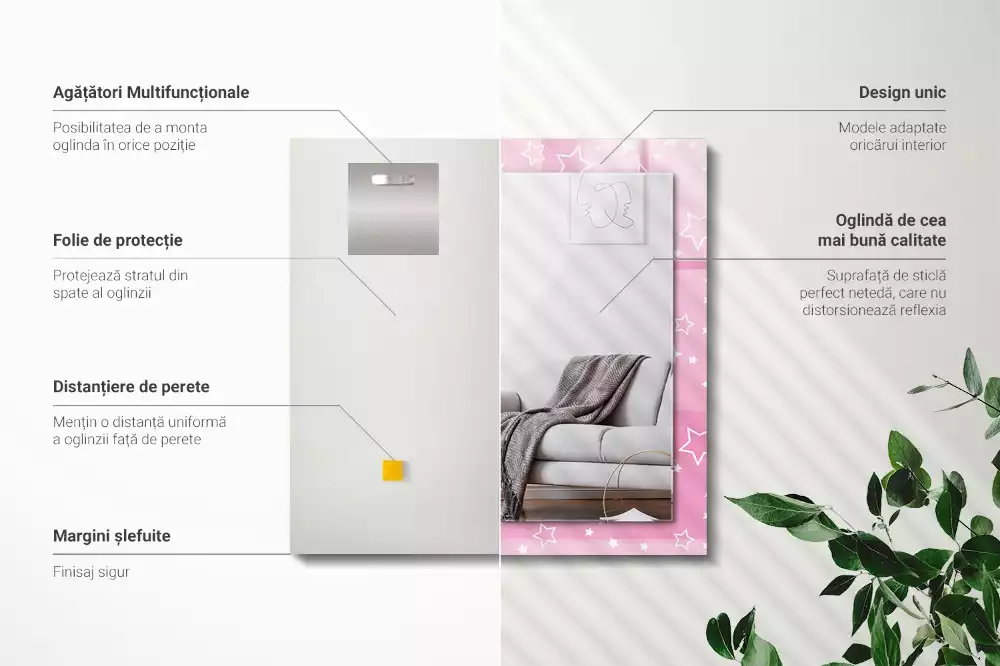 Oglindă dreptunghiulară cu ramă imprimată cu stele roz