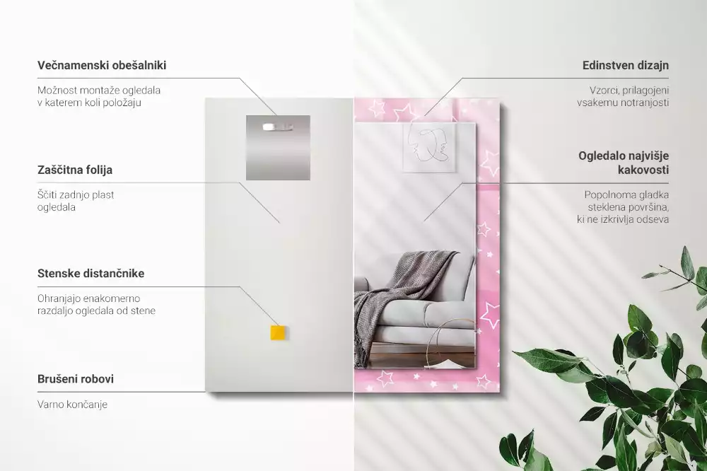 Oglindă dreptunghiulară cu ramă imprimată cu stele roz