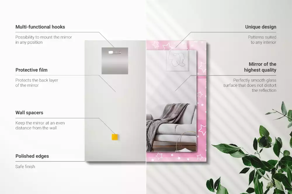 Oglindă dreptunghiulară cu ramă imprimată cu stele roz