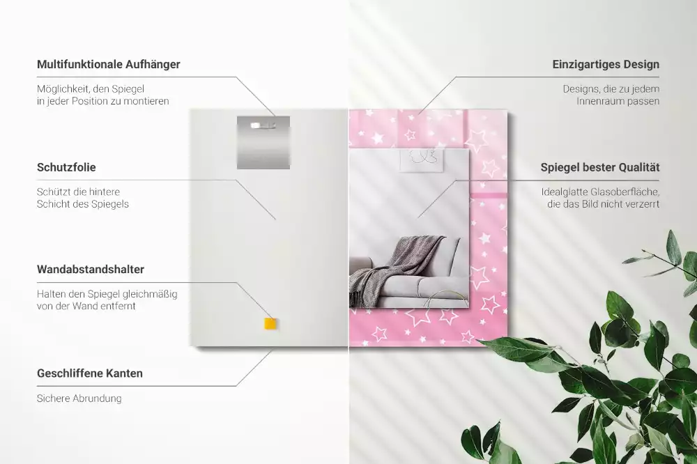 Oglindă dreptunghiulară cu ramă imprimată cu stele roz