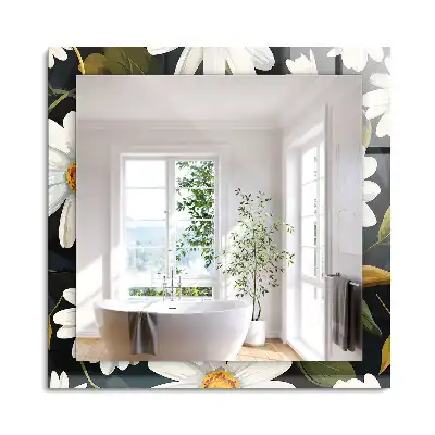 Oglindă dreptunghiulară cu decor de frunze și margarete albe