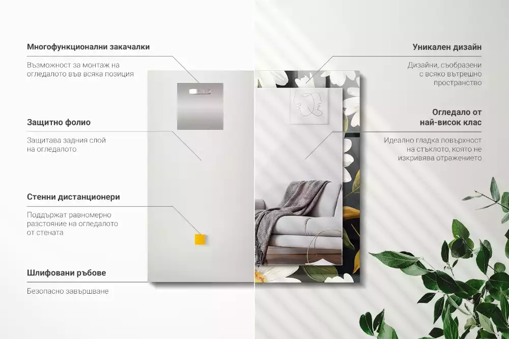 Oglindă dreptunghiulară cu decor de frunze și margarete albe