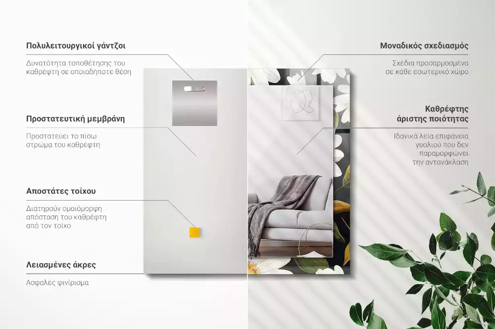 Oglindă dreptunghiulară cu decor de frunze și margarete albe