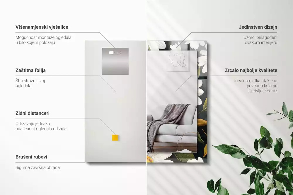 Oglindă dreptunghiulară cu decor de frunze și margarete albe