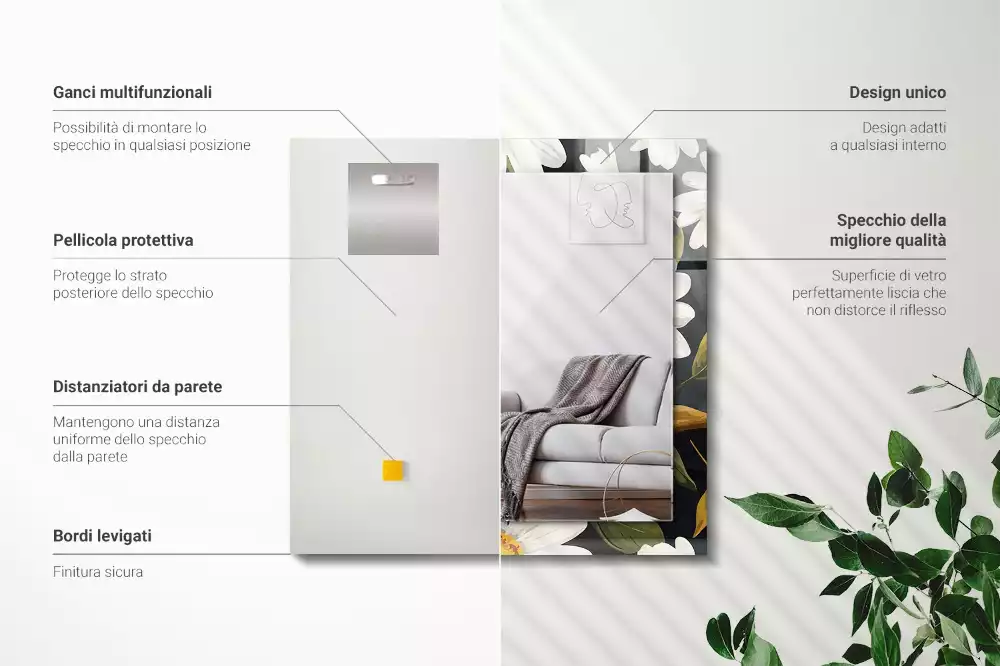 Oglindă dreptunghiulară cu decor de frunze și margarete albe