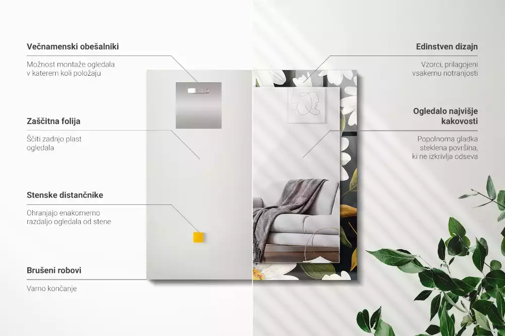 Oglindă dreptunghiulară cu decor de frunze și margarete albe