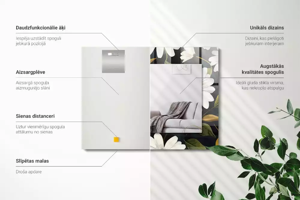 Oglindă dreptunghiulară cu decor de frunze și margarete albe