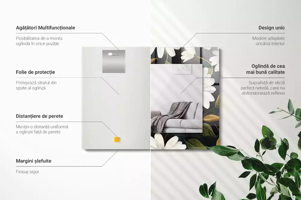 Oglindă dreptunghiulară cu decor de frunze și margarete albe