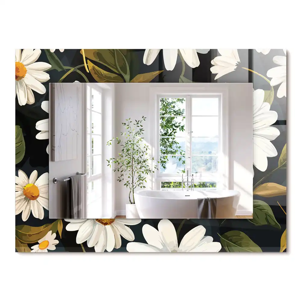 Oglindă dreptunghiulară cu decor de frunze și margarete albe