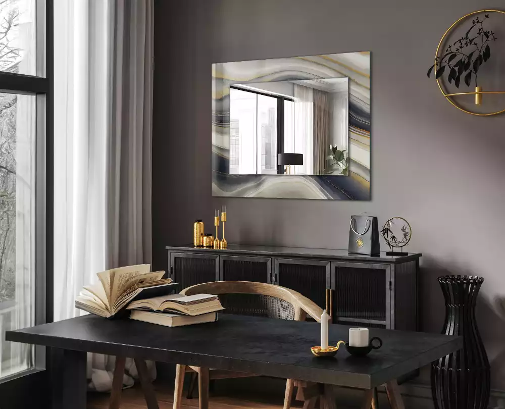 Oglindă dreptunghiulară cu decor abstract în valuri colorate